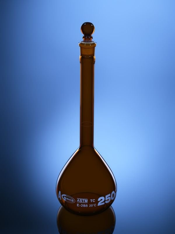 Blueron CLASS A Volumetric Flask Amber, UNSERIALIZED with Penny Head Stopper, ASTM